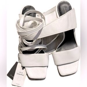 ZARA White Leather Square Open Toe Tie Up Heels